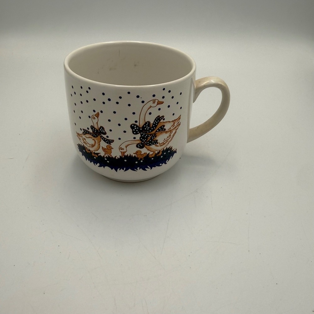 Vintage BC Ceramic Goose Coffee Mug Soup Cup White Blue Polka Dot Bows Geese